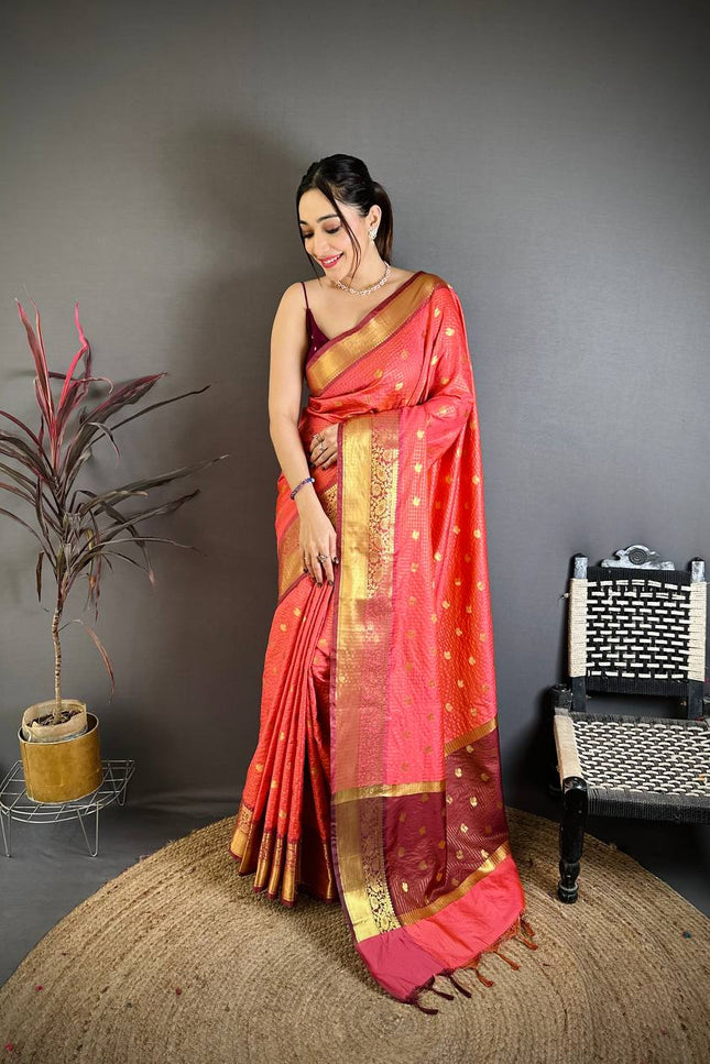 Designer Banarasi Tissue Saree with All - Over Butti Weaving & Rich Border - Rosepetals Luxe