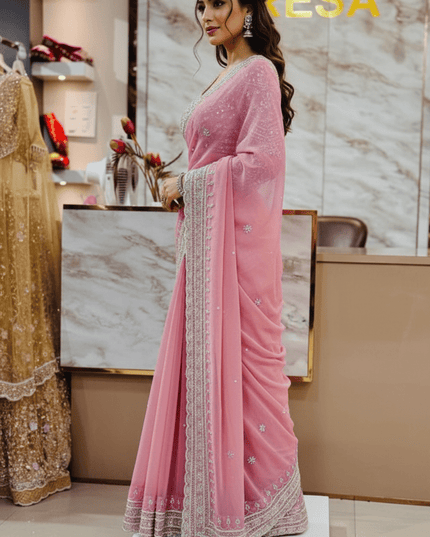 Designer Bridal Faux Georgette Saree with Sequins Work & Net Dupatta - Rosepetals Luxe