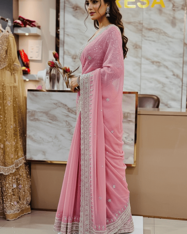 Designer Bridal Faux Georgette Saree with Sequins Work & Net Dupatta - Rosepetals Luxe