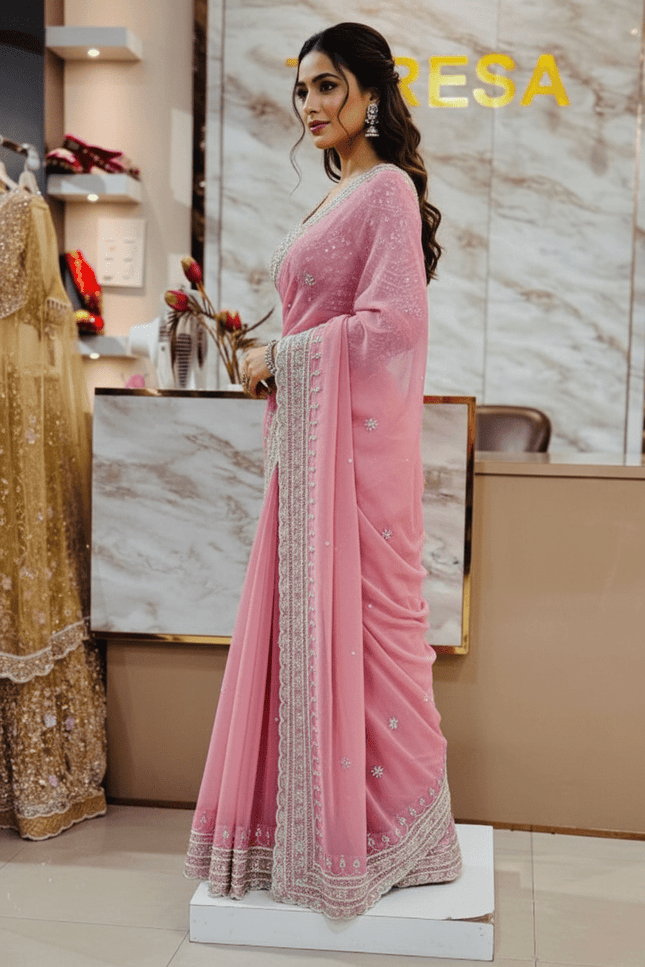 Designer Bridal Faux Georgette Saree with Sequins Work & Net Dupatta - Rosepetals Luxe