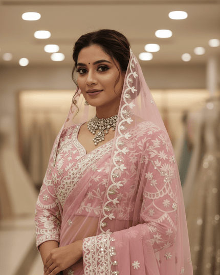 Designer Bridal Faux Georgette Saree with Sequins Work & Net Dupatta - Rosepetals Luxe