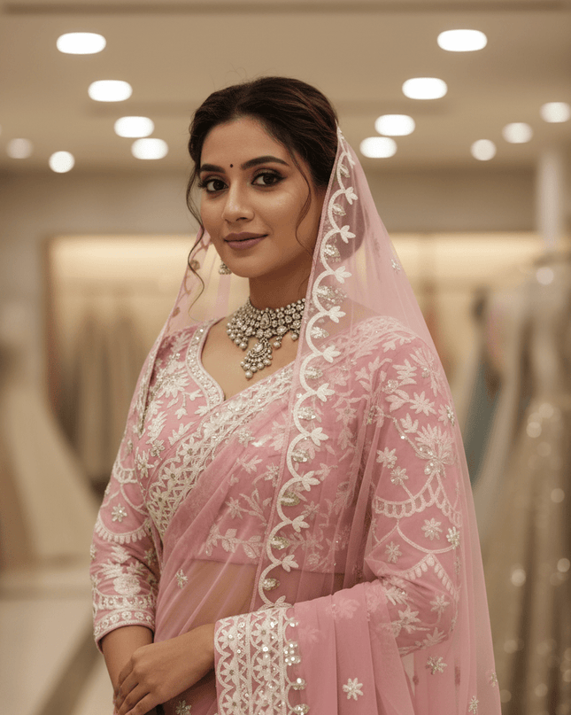 Designer Bridal Faux Georgette Saree with Sequins Work & Net Dupatta - Rosepetals Luxe