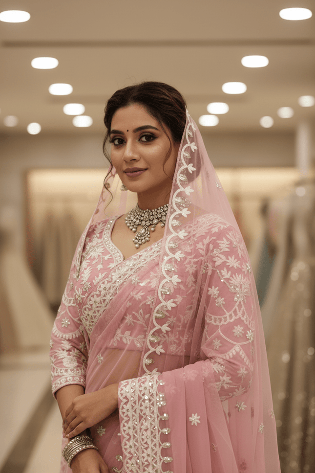 Designer Bridal Faux Georgette Saree with Sequins Work & Net Dupatta - Rosepetals Luxe
