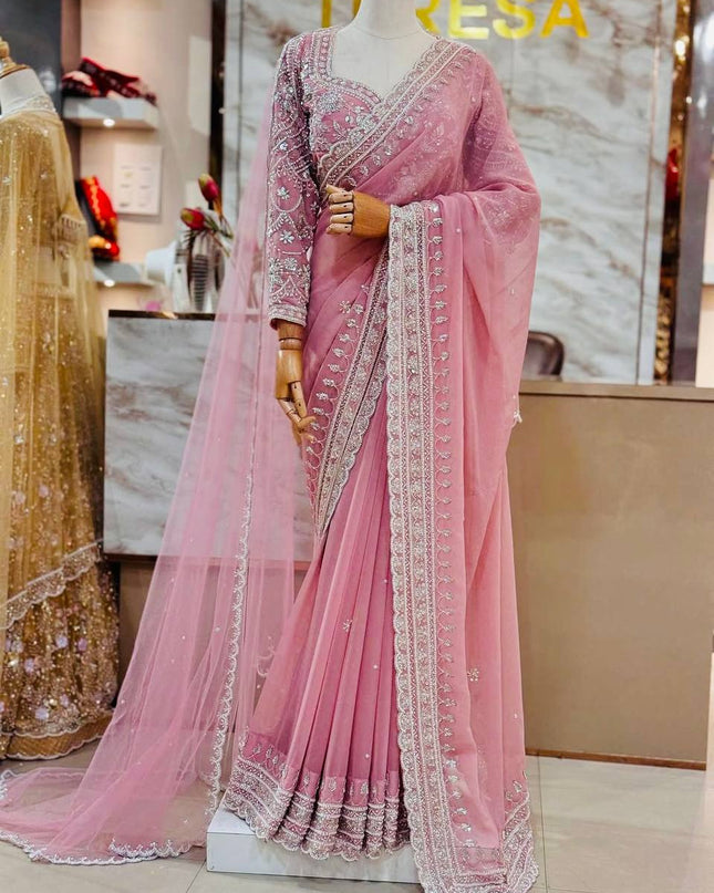 Designer Bridal Faux Georgette Saree with Sequins Work & Net Dupatta - Rosepetals Luxe