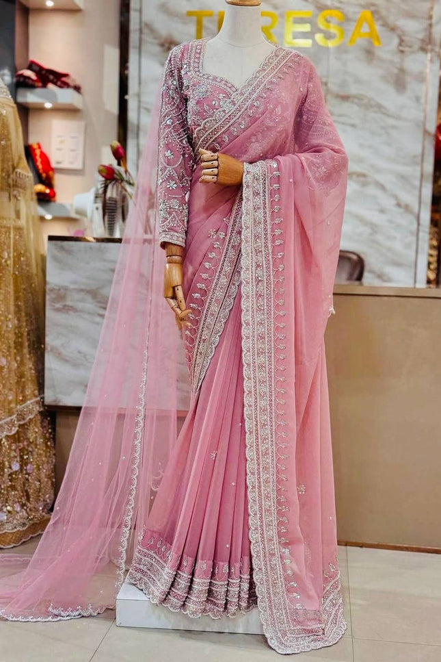 Designer Bridal Faux Georgette Saree with Sequins Work & Net Dupatta - Rosepetals Luxe