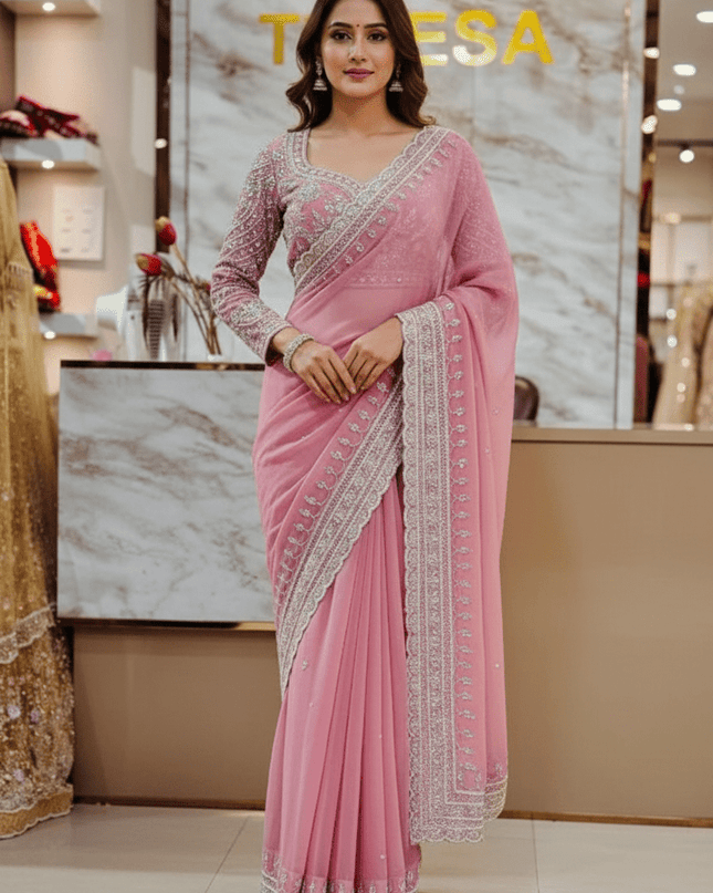 Designer Bridal Faux Georgette Saree with Sequins Work & Net Dupatta - Rosepetals Luxe