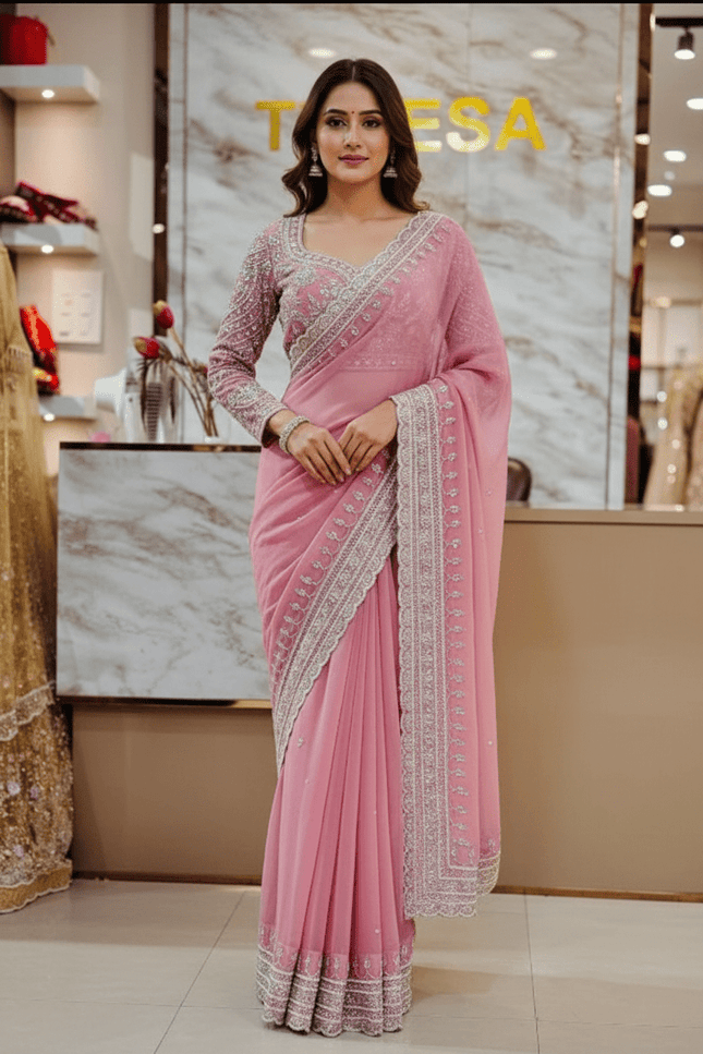 Designer Bridal Faux Georgette Saree with Sequins Work & Net Dupatta - Rosepetals Luxe