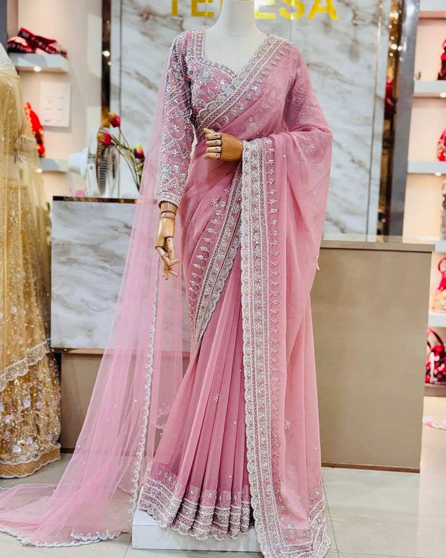 Designer Bridal Faux Georgette Saree with Sequins Work & Net Dupatta - Rosepetals Luxe