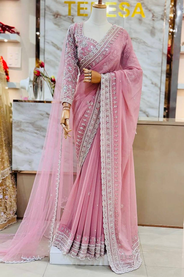 Designer Bridal Faux Georgette Saree with Sequins Work & Net Dupatta - Rosepetals Luxe