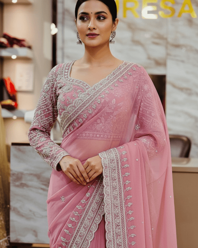 Designer Bridal Faux Georgette Saree with Sequins Work & Net Dupatta - Rosepetals Luxe