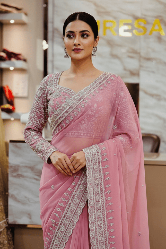 Designer Bridal Faux Georgette Saree with Sequins Work & Net Dupatta - Rosepetals Luxe