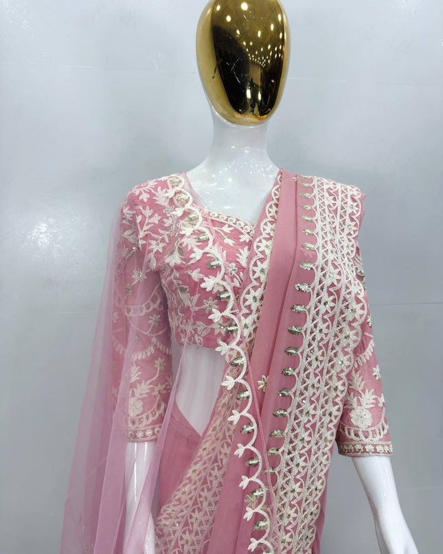 Designer Bridal Faux Georgette Saree with Sequins Work & Net Dupatta - Rosepetals Luxe