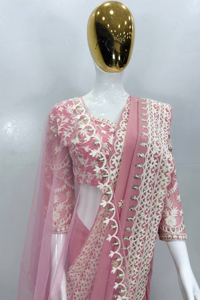 Designer Bridal Faux Georgette Saree with Sequins Work & Net Dupatta - Rosepetals Luxe