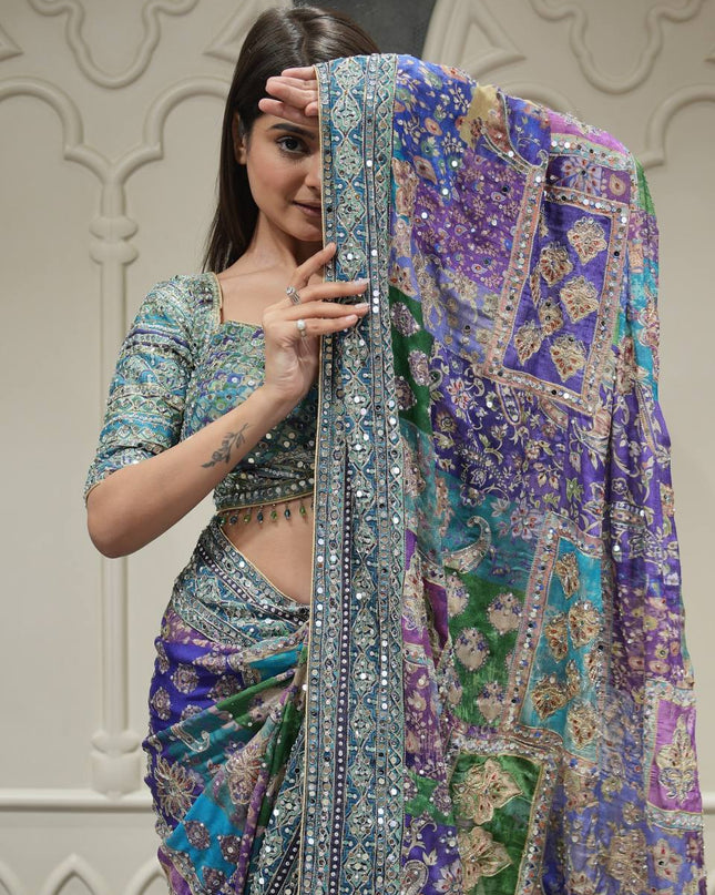 Designer Chinnon Saree with Real Mirror Work & Zari Embroidery | Party Wear Saree | - Rosepetals Luxe