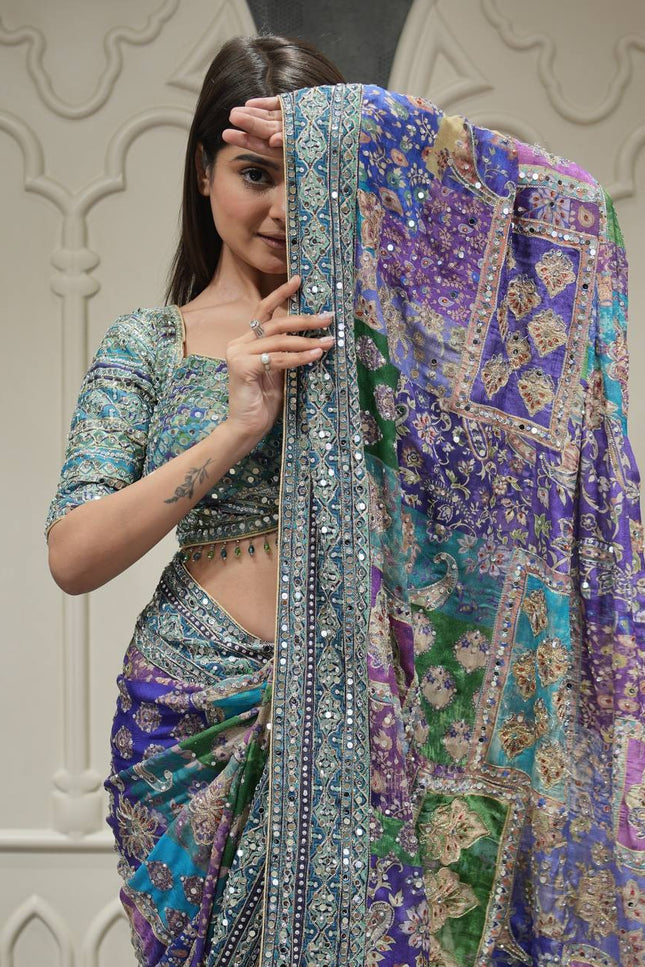 Designer Chinnon Saree with Real Mirror Work & Zari Embroidery | Party Wear Saree | - Rosepetals Luxe