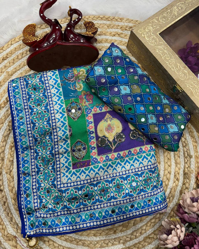 Designer Chinnon Saree with Real Mirror Work & Zari Embroidery | Party Wear Saree | - Rosepetals Luxe