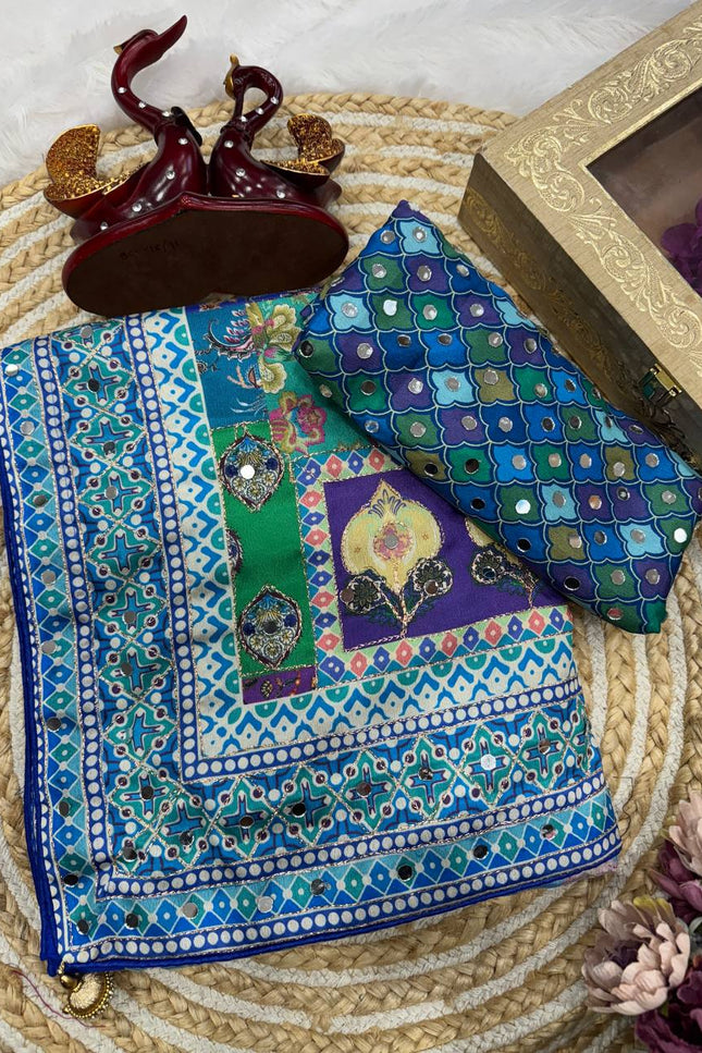 Designer Chinnon Saree with Real Mirror Work & Zari Embroidery | Party Wear Saree | - Rosepetals Luxe