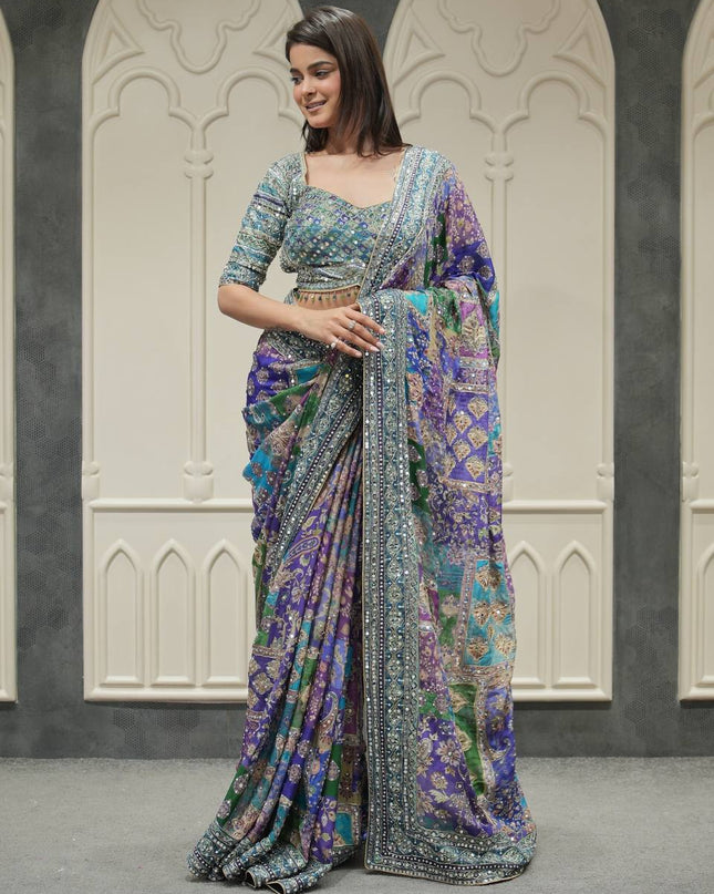 Designer Chinnon Saree with Real Mirror Work & Zari Embroidery | Party Wear Saree | - Rosepetals Luxe