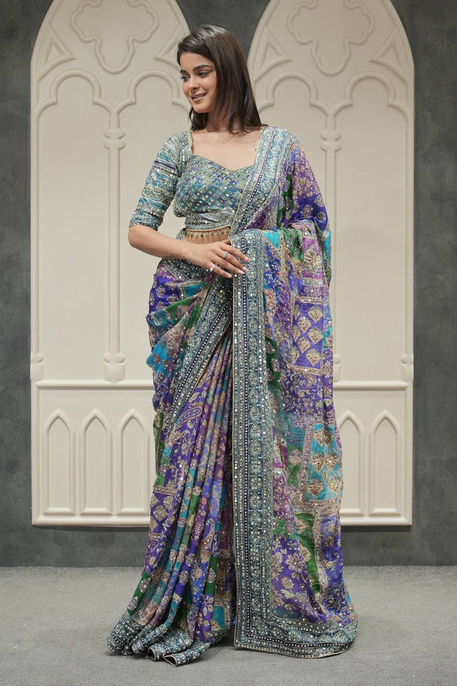 Designer Chinnon Saree with Real Mirror Work & Zari Embroidery | Party Wear Saree | - Rosepetals Luxe