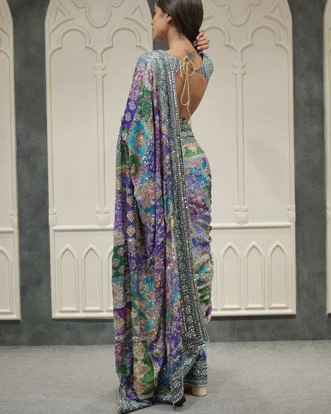 Designer Chinnon Saree with Real Mirror Work & Zari Embroidery | Party Wear Saree | - Rosepetals Luxe