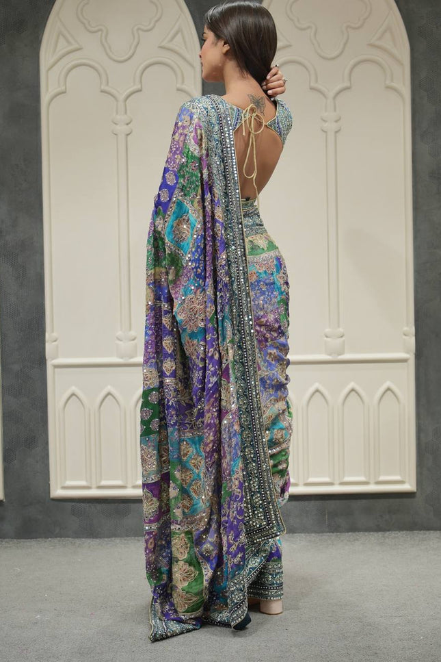 Designer Chinnon Saree with Real Mirror Work & Zari Embroidery | Party Wear Saree | - Rosepetals Luxe