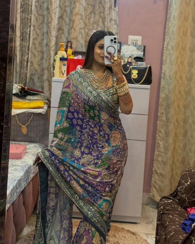 Designer Chinnon Saree with Real Mirror Work & Zari Embroidery | Party Wear Saree | - Rosepetals Luxe