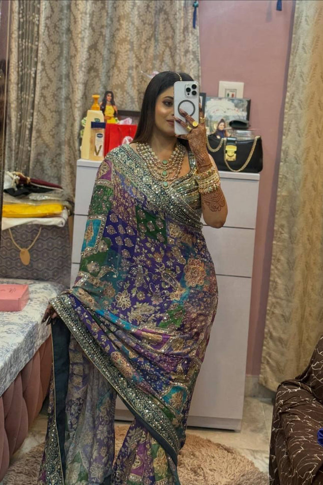 Designer Chinnon Saree with Real Mirror Work & Zari Embroidery | Party Wear Saree | - Rosepetals Luxe