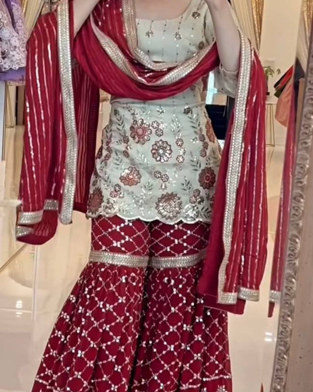 Designer Chinnon Silk Top with Sharara Palazzo & Dupatta Set - Rosepetals Luxe