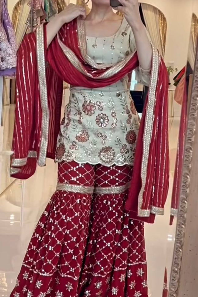 Designer Chinnon Silk Top with Sharara Palazzo & Dupatta Set - Rosepetals Luxe