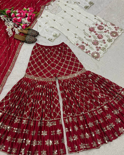 Designer Chinnon Silk Top with Sharara Palazzo & Dupatta Set - Rosepetals Luxe