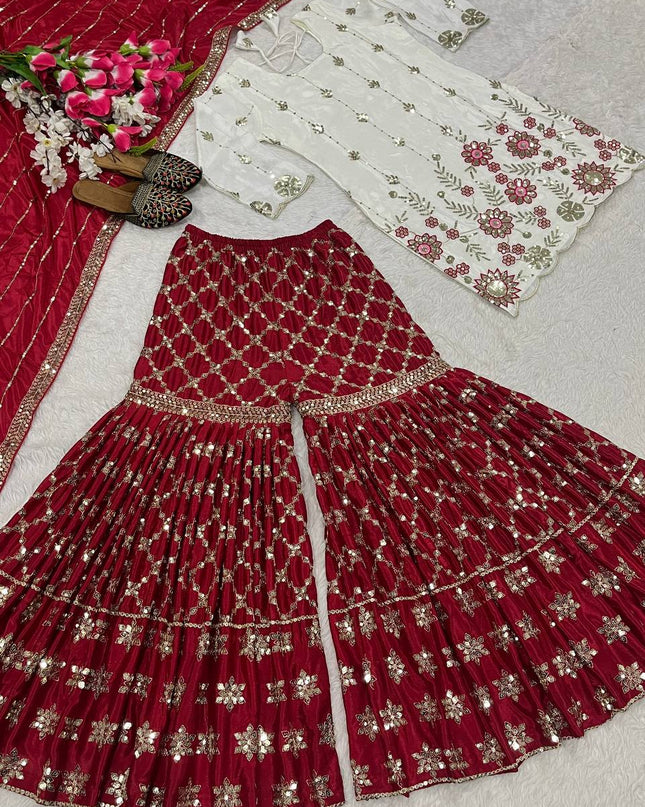 Designer Chinnon Silk Top with Sharara Palazzo & Dupatta Set - Rosepetals Luxe