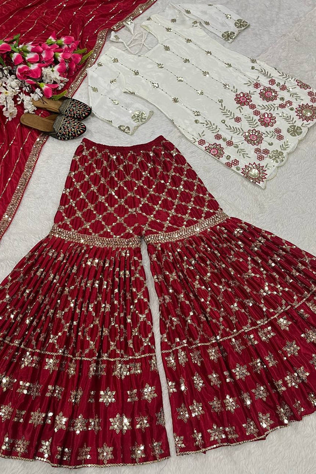 Designer Chinnon Silk Top with Sharara Palazzo & Dupatta Set - Rosepetals Luxe