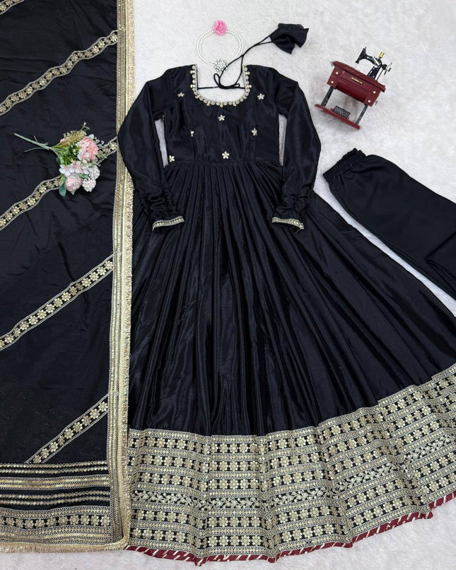 Designer Chinon Top Pant Set with Sequins Work & Dupatta - Rosepetals Luxe