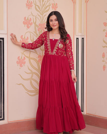 Designer Faux Blooming Gown | Sequins & Zari Embroidery | Full Sleeve V-Neck | Party & Festive Wear - Rosepetals Luxe