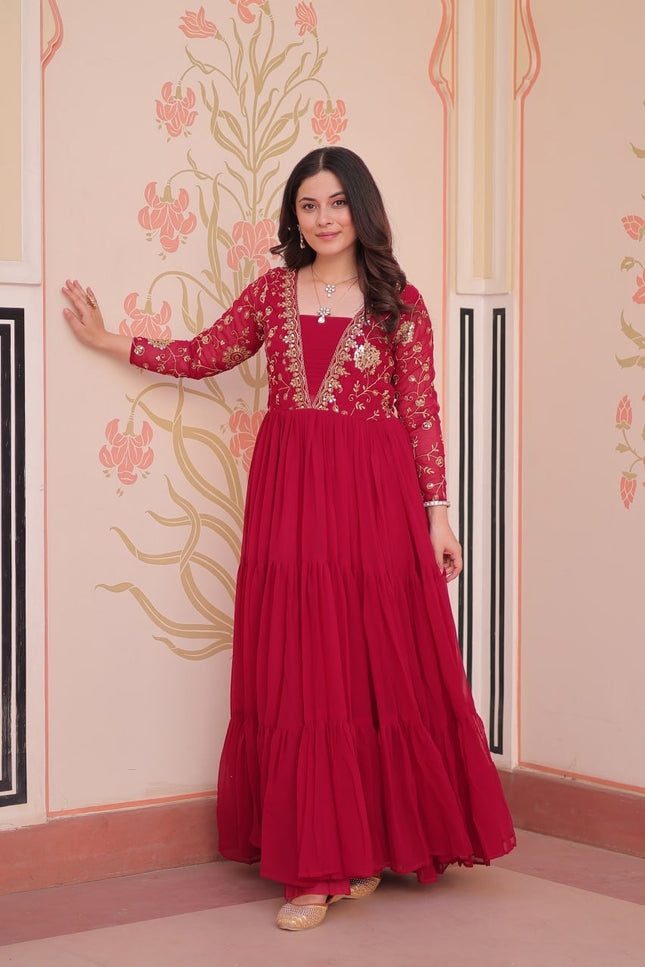 Designer Faux Blooming Gown | Sequins & Zari Embroidery | Full Sleeve V-Neck | Party & Festive Wear - Rosepetals Luxe