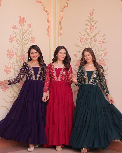 Designer Faux Blooming Gown | Sequins & Zari Embroidery | Full Sleeve V-Neck | Party & Festive Wear - Rosepetals Luxe