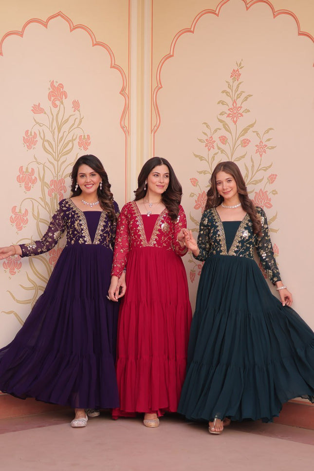 Designer Faux Blooming Gown | Sequins & Zari Embroidery | Full Sleeve V-Neck | Party & Festive Wear - Rosepetals Luxe