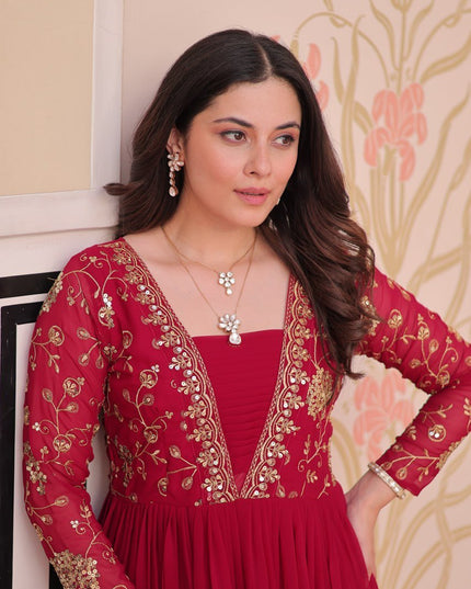 Designer Faux Blooming Gown | Sequins & Zari Embroidery | Full Sleeve V-Neck | Party & Festive Wear - Rosepetals Luxe