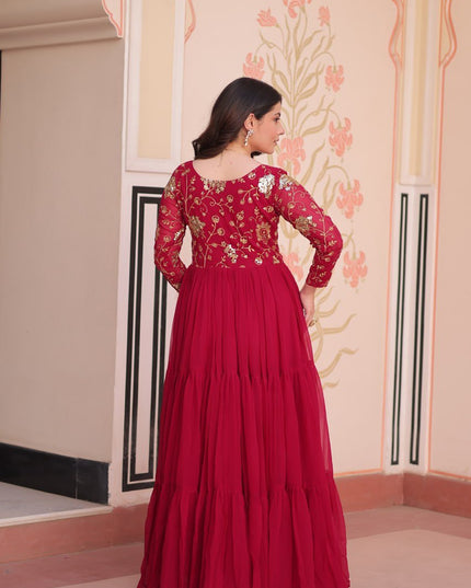 Designer Faux Blooming Gown | Sequins & Zari Embroidery | Full Sleeve V-Neck | Party & Festive Wear - Rosepetals Luxe