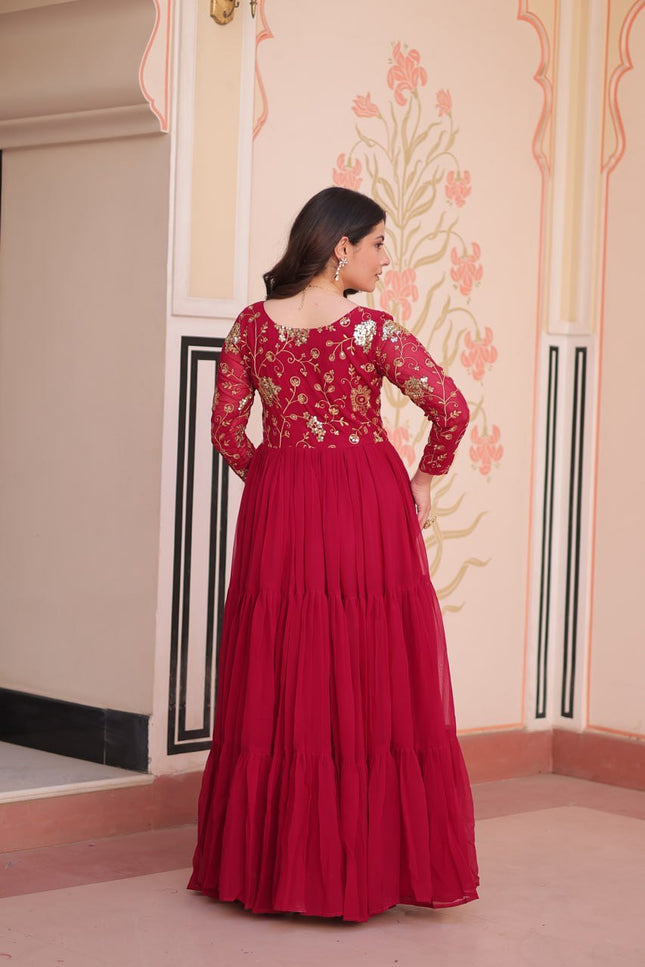 Designer Faux Blooming Gown | Sequins & Zari Embroidery | Full Sleeve V-Neck | Party & Festive Wear - Rosepetals Luxe