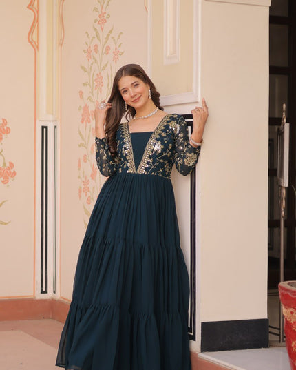 Designer Faux Blooming Gown | Sequins & Zari Embroidery | Full Sleeve V-Neck | Party & Festive Wear - Rosepetals Luxe