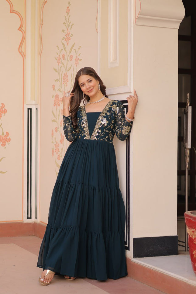 Designer Faux Blooming Gown | Sequins & Zari Embroidery | Full Sleeve V-Neck | Party & Festive Wear - Rosepetals Luxe