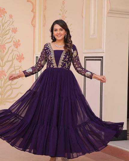 Designer Faux Blooming Gown | Sequins & Zari Embroidery | Full Sleeve V-Neck | Party & Festive Wear - Rosepetals Luxe