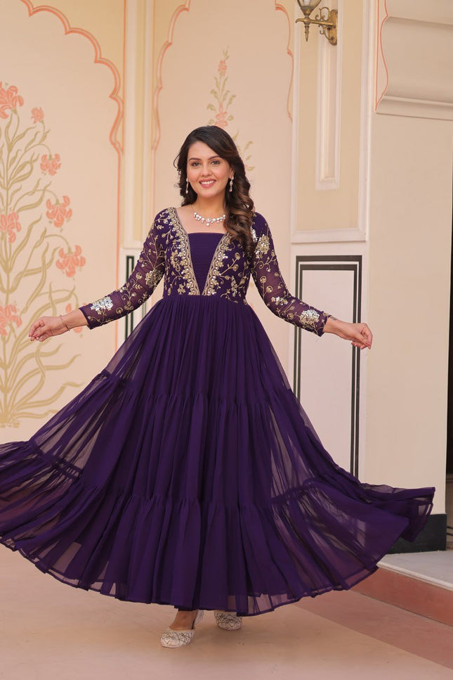 Designer Faux Blooming Gown | Sequins & Zari Embroidery | Full Sleeve V-Neck | Party & Festive Wear - Rosepetals Luxe