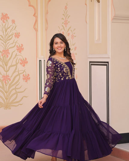 Designer Faux Blooming Gown | Sequins & Zari Embroidery | Full Sleeve V-Neck | Party & Festive Wear - Rosepetals Luxe