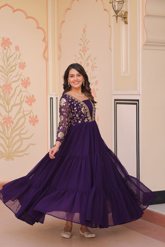 Designer Faux Blooming Gown | Sequins & Zari Embroidery | Full Sleeve V-Neck | Party & Festive Wear - Rosepetals Luxe