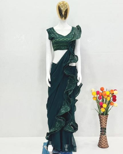 Designer Faux Georgette Ruffle Ready - to - Wear Saree with Sequins Embroidery - Rosepetals Luxe
