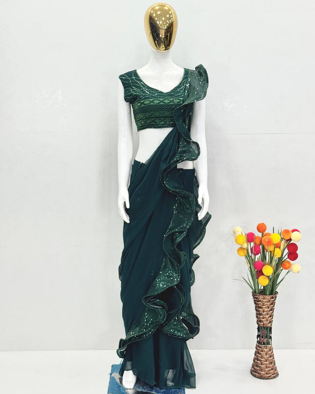 Designer Faux Georgette Ruffle Ready - to - Wear Saree with Sequins Embroidery - Rosepetals Luxe