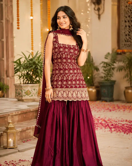 Designer Faux Georgette Sharara Palazzo Set with Embroidery Top & Dupatta | Festive Party Wear for Women - Rosepetals Luxe