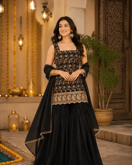 Designer Faux Georgette Sharara Palazzo Set with Embroidery Top & Dupatta | Festive Party Wear for Women - Rosepetals Luxe